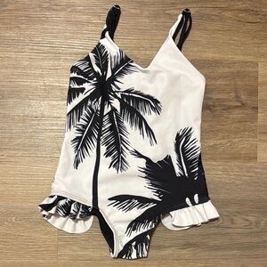 BOVET Toddler Palm Print One Piece Swimsuit 3T Ruffle Trim black white LIKE NEW